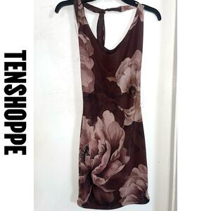 Tenshoppe Brown Floral V-Tie Neck Mini Dress